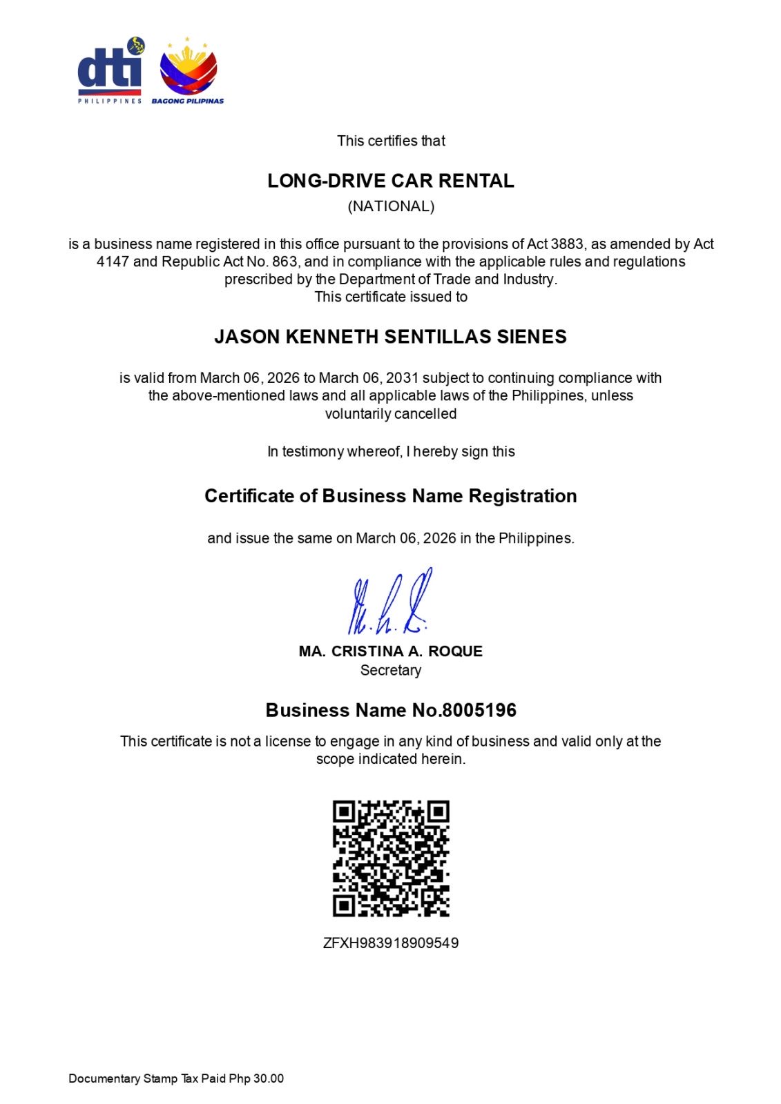 DTI Business Registration Certificate